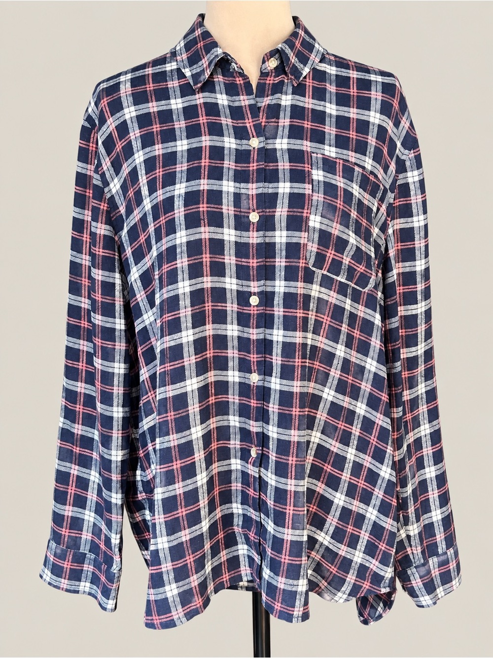 Southern Tide Womens Large Plaid Button Down Shirt Navy Pink Oversized